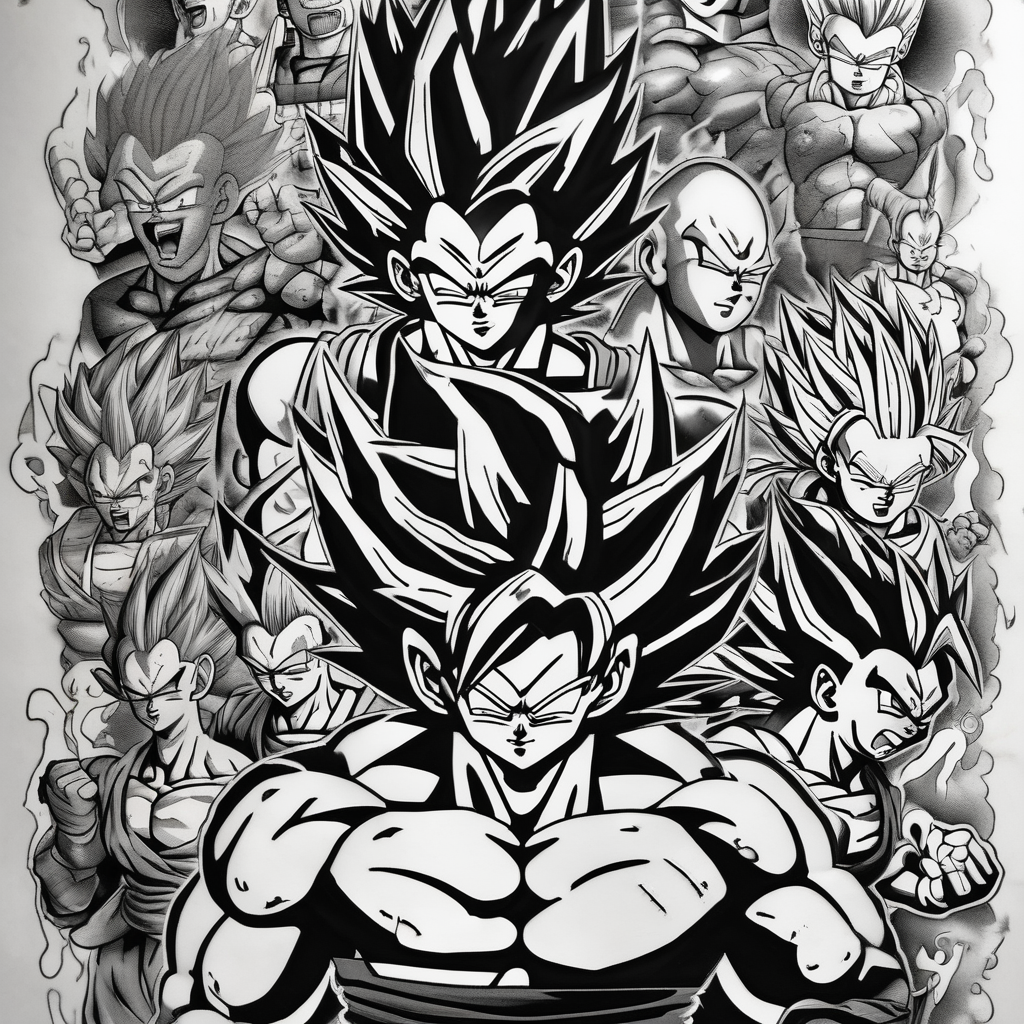 Back tattoo, Dragon ball z, dragon ball, goku, vegeta, gogeta, frieza, cell, gohan, trunks, buu lower-back, AI-generated Japanese tattoo design