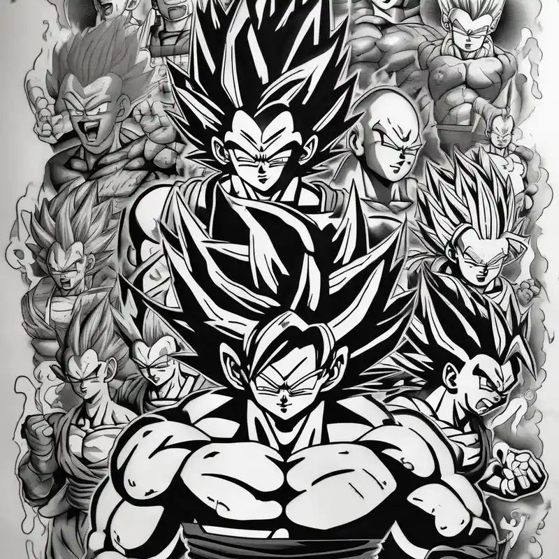 Back tattoo, Dragon ball z, dragon ball, goku, vegeta, gogeta, frieza, cell, gohan, trunks, buu – Japonés, Blanco y negro