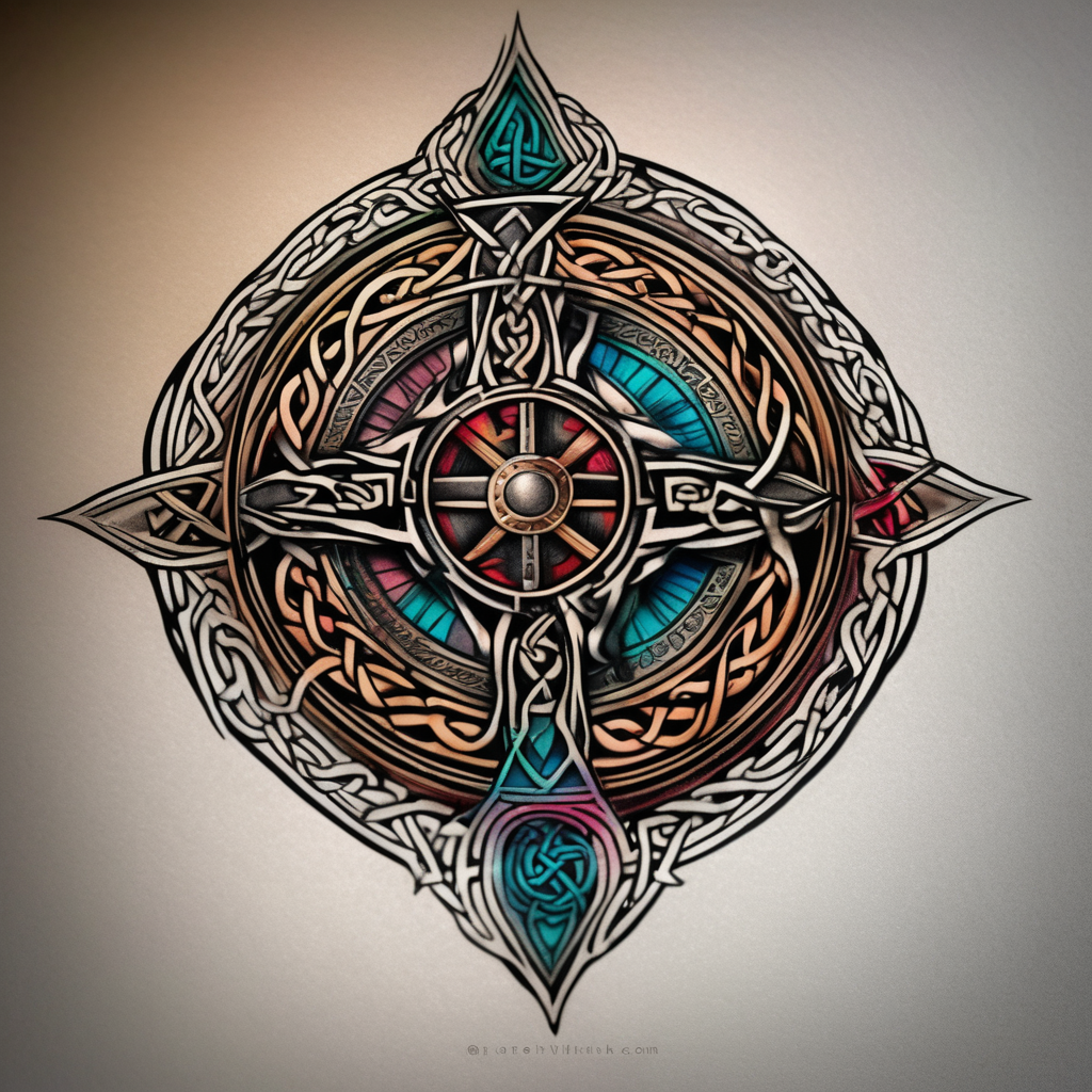 Celtic Viking sleeve tattoo with Viking compass male-sleeve-designs, diseño de tatuaje Realista generado con IA