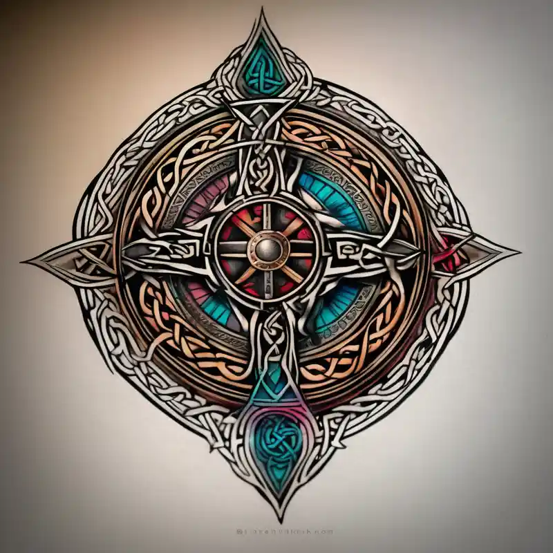 Celtic Viking sleeve tattoo with Viking compass – Realista, Colores vivos