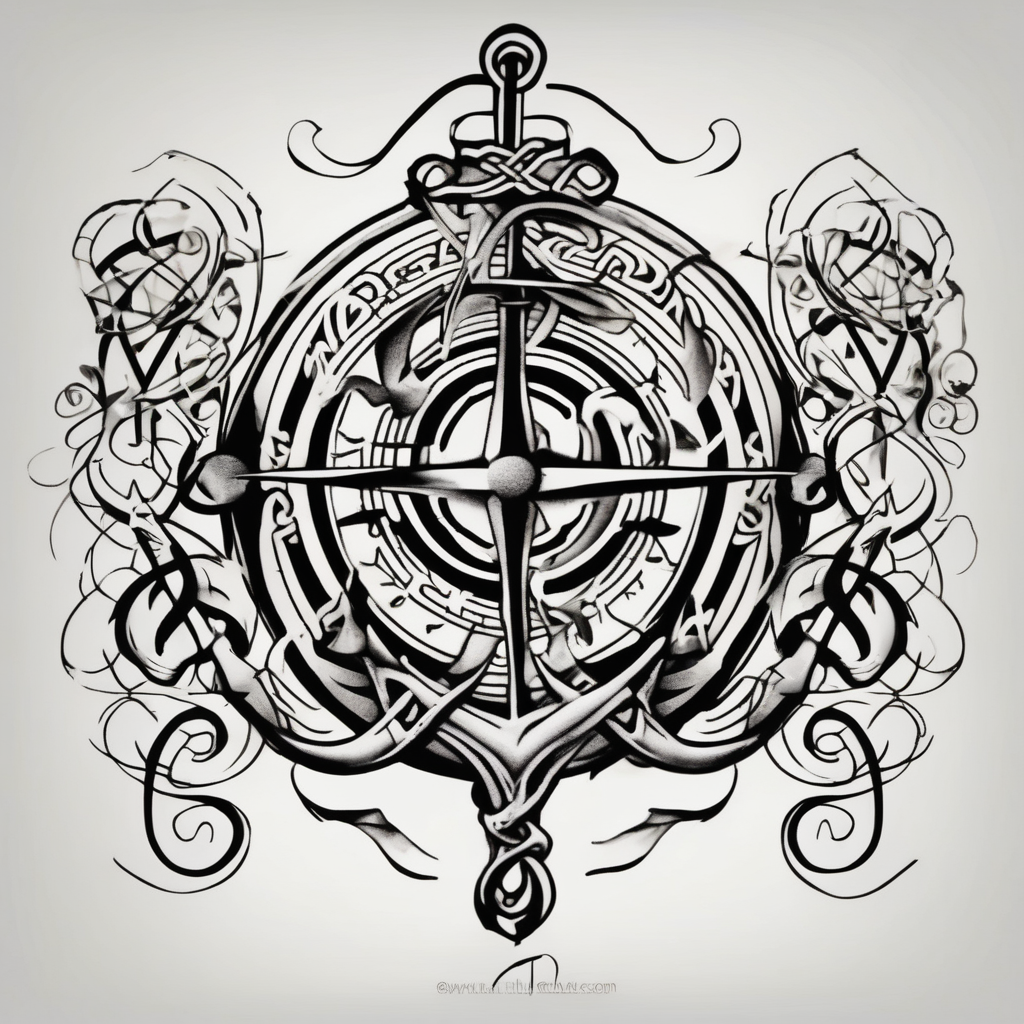 Celtic styling, anchor, compass, bass clef note, treble clef note, dog paw print, half sleeve, forearm male-sleeve-designs, design de tatouage Japonais généré par IA