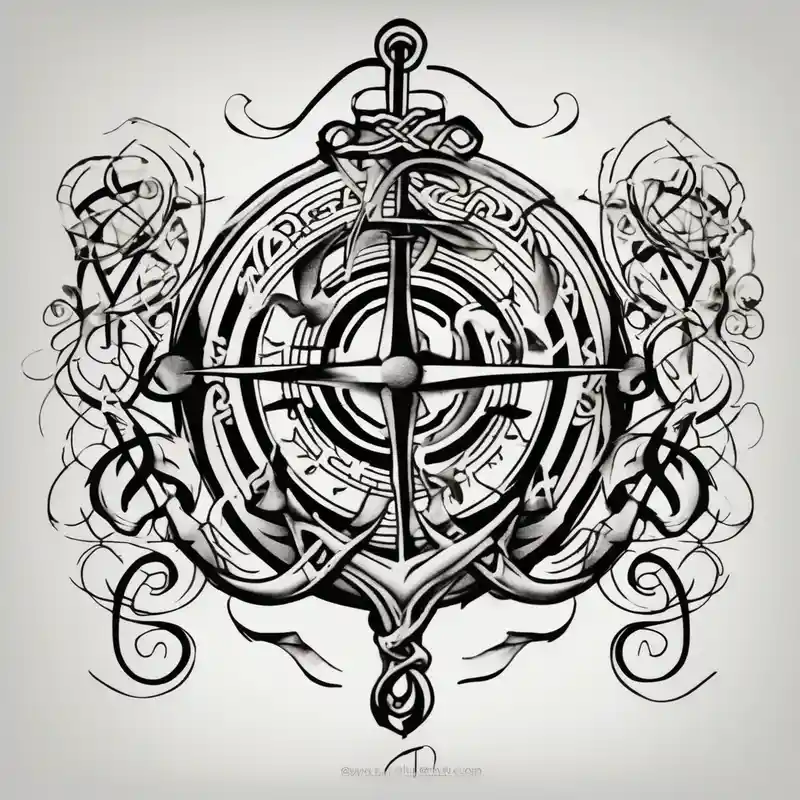 Celtic styling, anchor, compass, bass clef note, treble clef note, dog paw print, half sleeve, forearm – Japonais, Noir et blanc