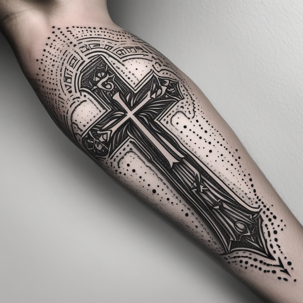 Forearms sleeve biblical cross male-sleeve-designs, design de tatouage Dotwork généré par IA