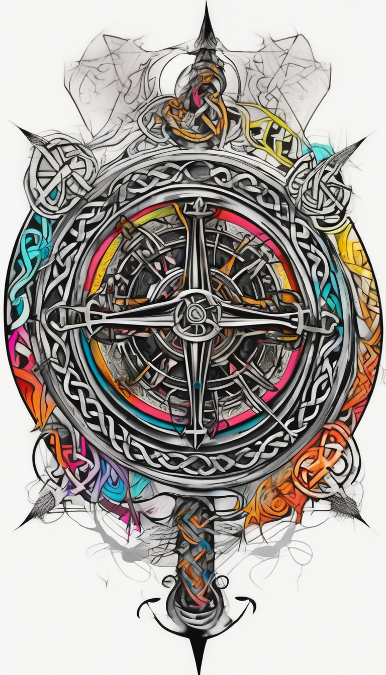 Celtic Viking sleeve tattoo with Viking compass male-sleeve-designs, diseño de tatuaje Surrealista generado con IA