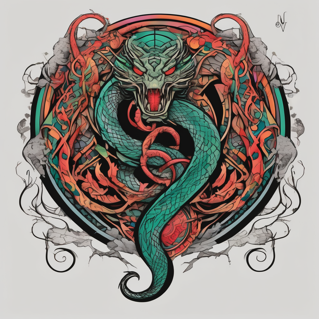 norse mythology world serpent wrap around tattoo design male-sleeve-designs, diseño de tatuaje Surrealista generado con IA