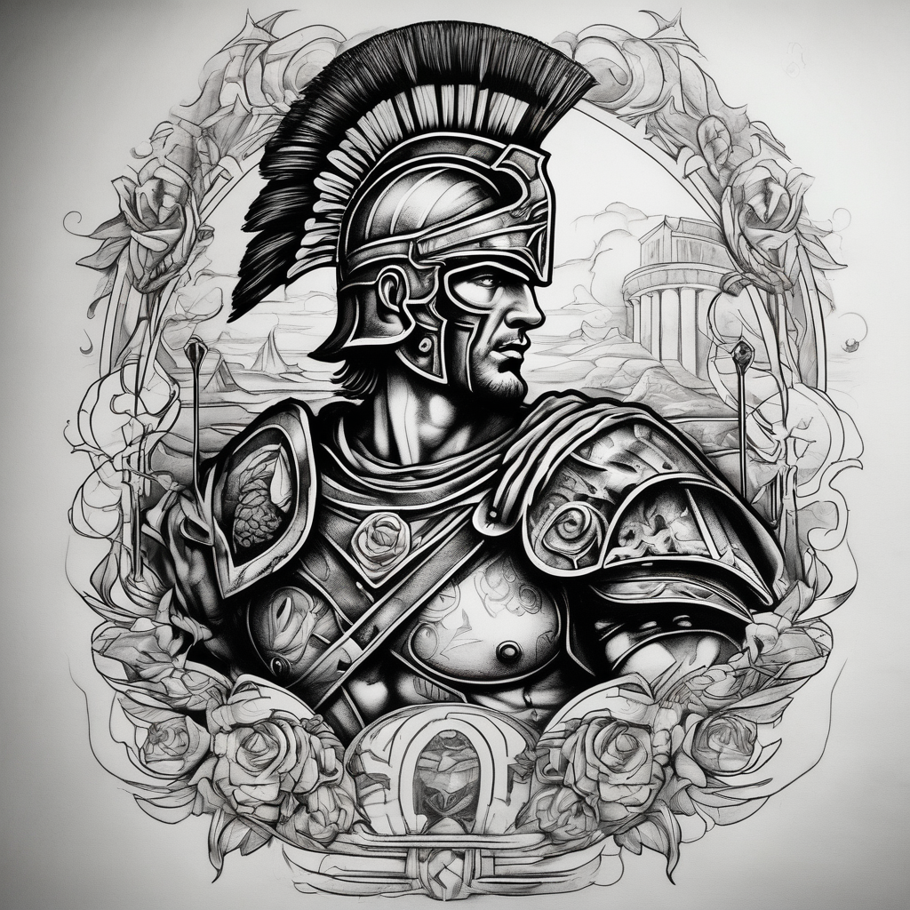 roman warrior theme tattoo design for bicep male-sleeve-designs, AI-generated Surreal tattoo design