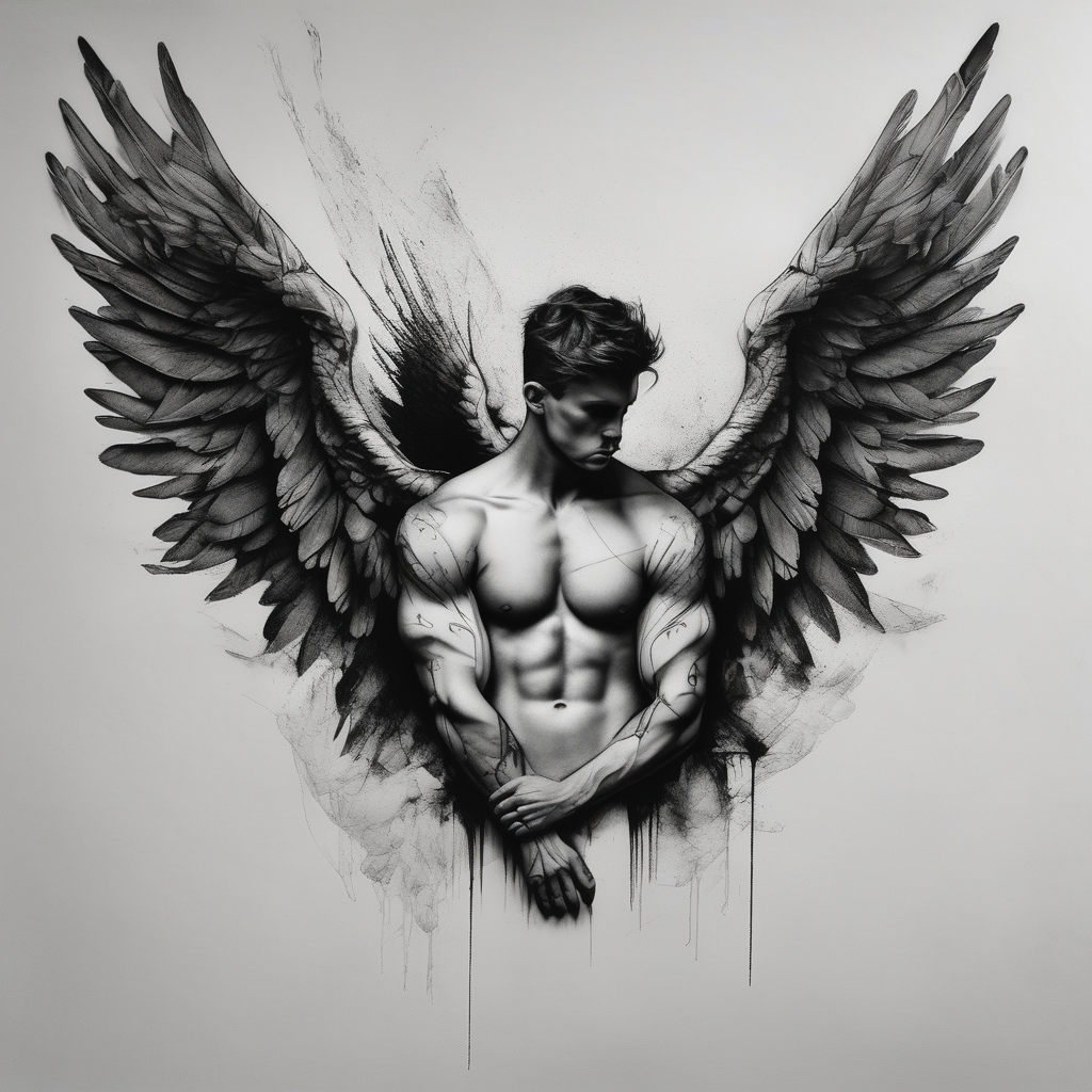 male fallen angel,the fall of gabriel evil male-sleeve-designs, diseño de tatuaje Realista generado con IA
