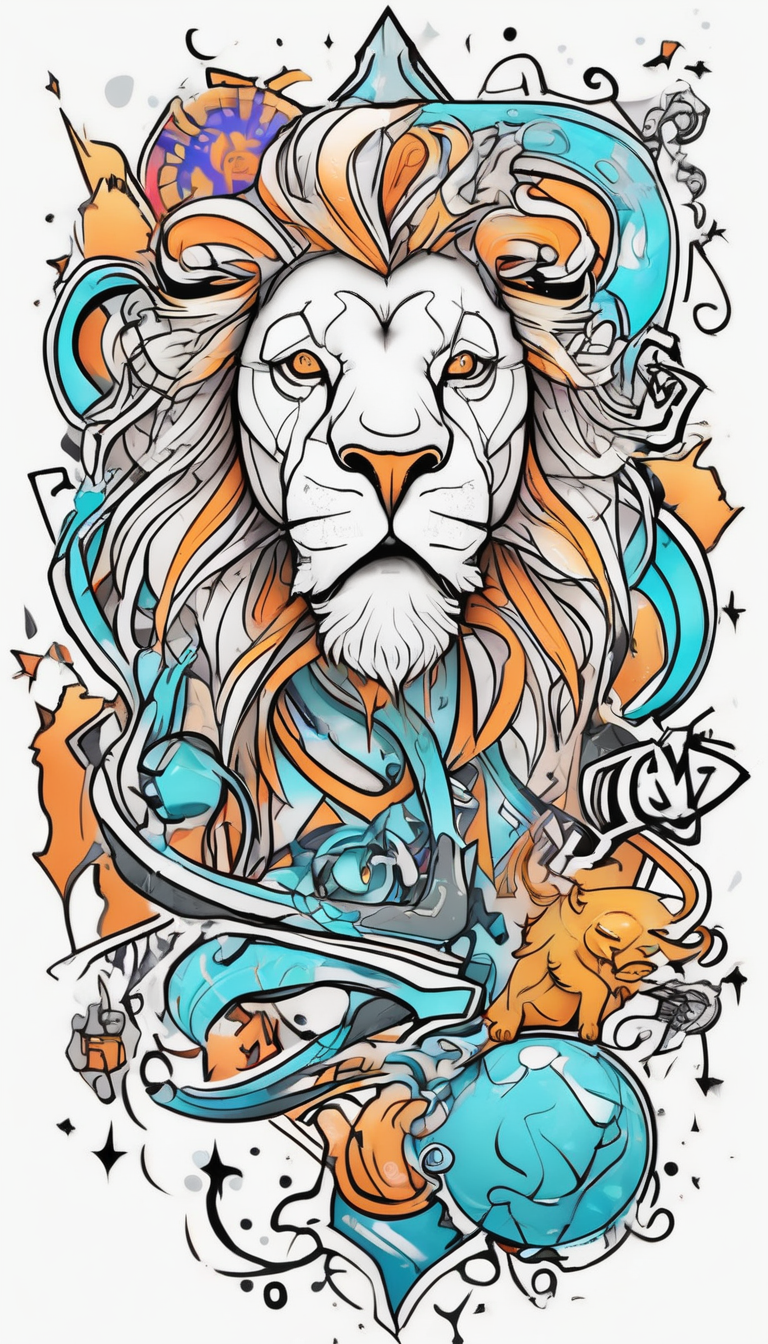 tattoo full sleeve that includes lion, cancer, aquarius and sagittarius signs male-sleeve-designs, AI-generated Cartoon tattoo design