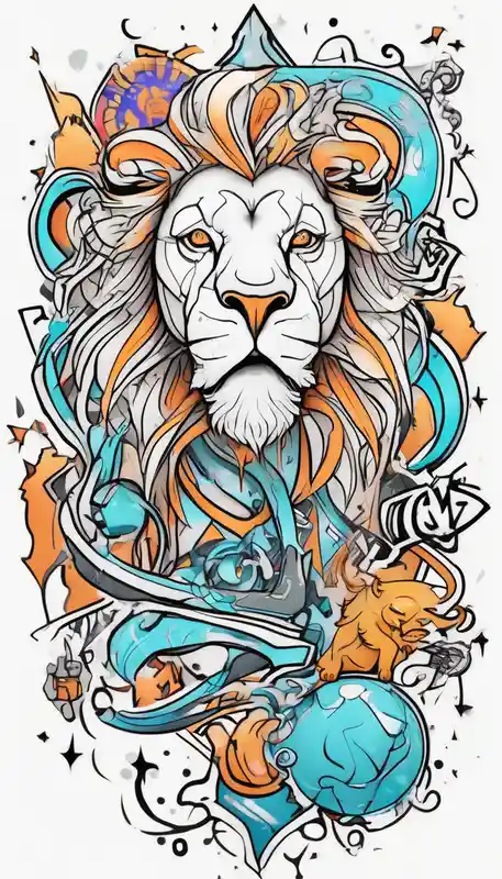 tattoo full sleeve that includes lion, cancer, aquarius and sagittarius signs – Cartoon, Vibrant color