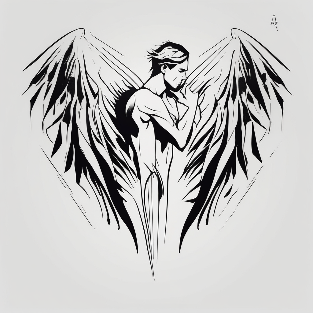 male fallen angel,the fall of gabriel evil male-sleeve-designs, diseño de tatuaje Minimalista generado con IA