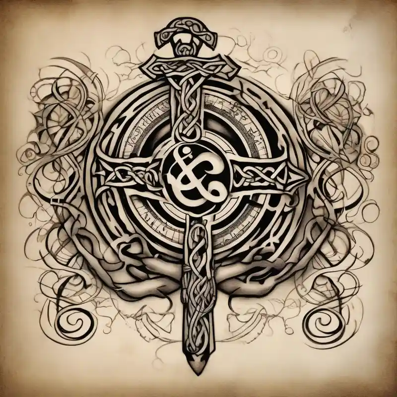 Celtic styling, anchor, compass, bass clef note, treble clef note, dog paw print, half sleeve, forearm