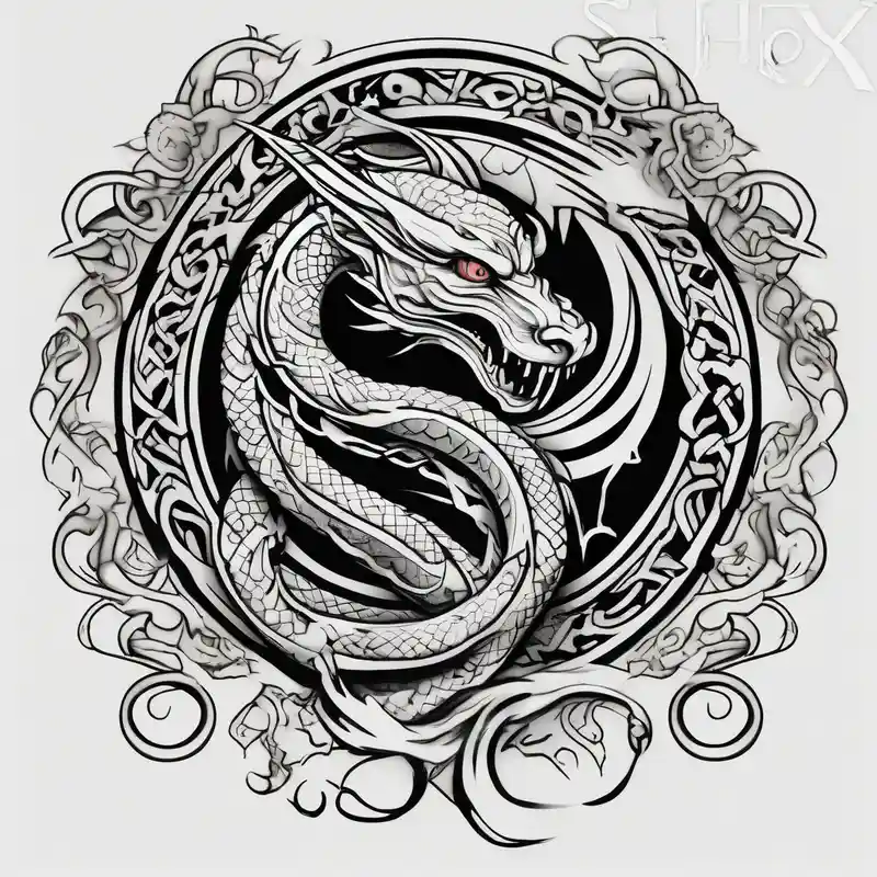 norse mythology world serpent wrap around tattoo design – Japonés, Blanco y negro