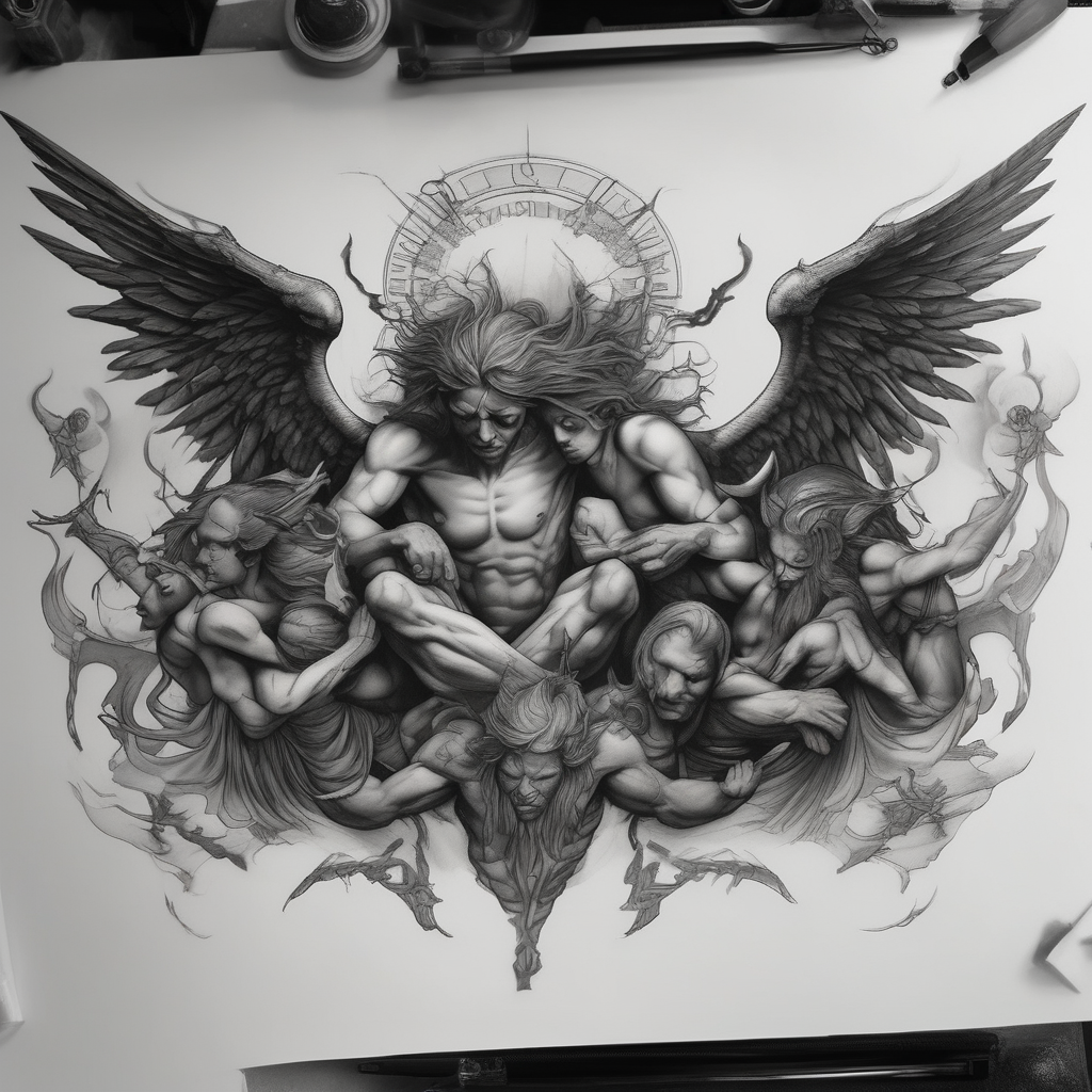 angels vs demons sleeves male-sleeve, design de tatouage Réaliste généré par IA