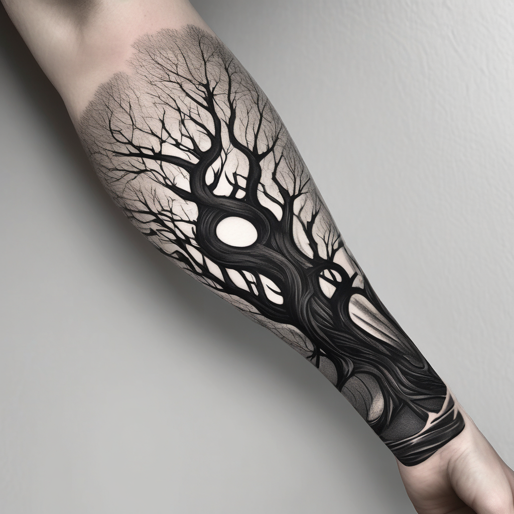 Full arm sleeve that starts with trees on the forearm male-sleeve, design de tatouage Croquis généré par IA