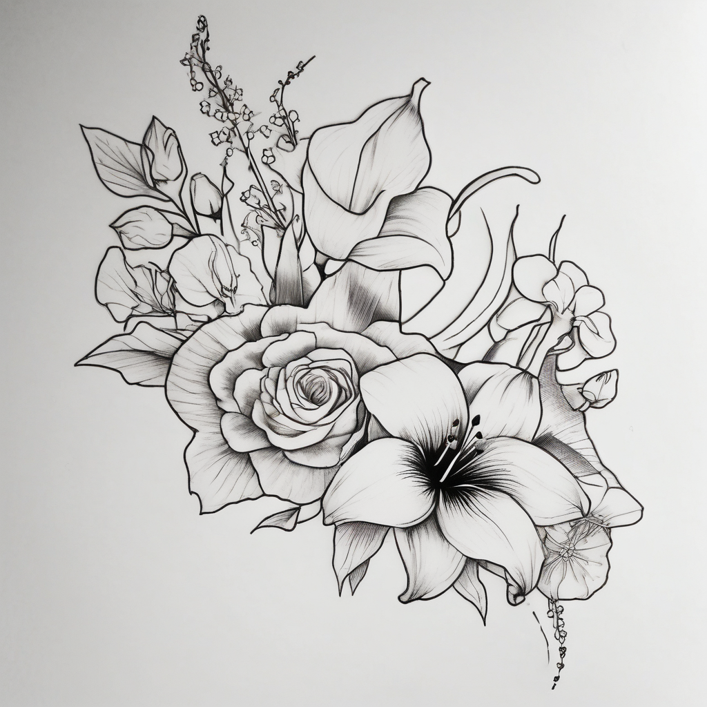 Calia Lily, rose, gadiolus, carnation,Narcissus,poppy, aster, violet ,chrysanthemum, lily of the valley and water lily sleeve on upper arm and shoulder male-sleeve(AIが生成したミニマルスタイルのタトゥーデザイン)