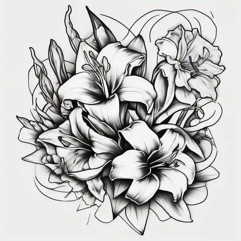 Calia Lily rose gadiolus carnation Narcissus flower sleeve on upper arm and shoulder – オールドスクール, 白黒