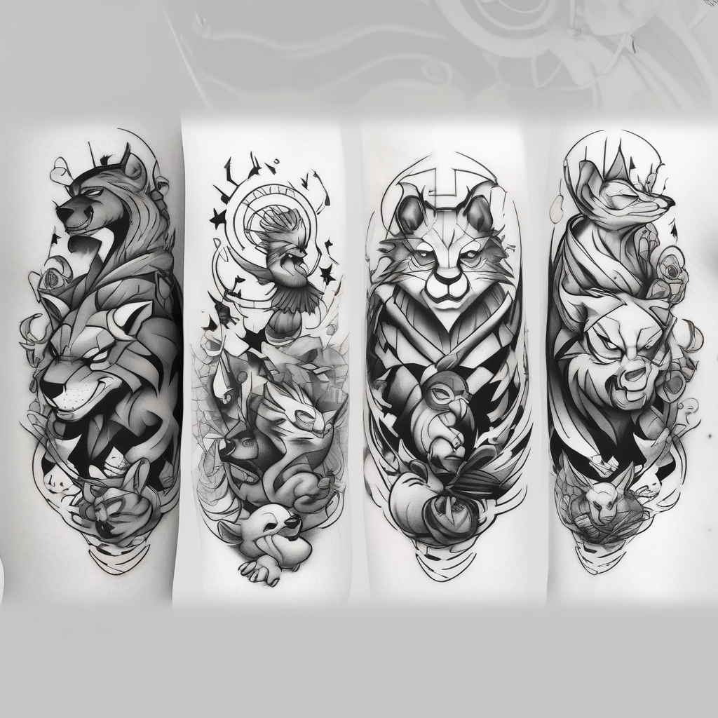 Disney charter aniamls sleeve tattoo male-sleeve(AIが生成したスケッチスタイルのタトゥーデザイン)