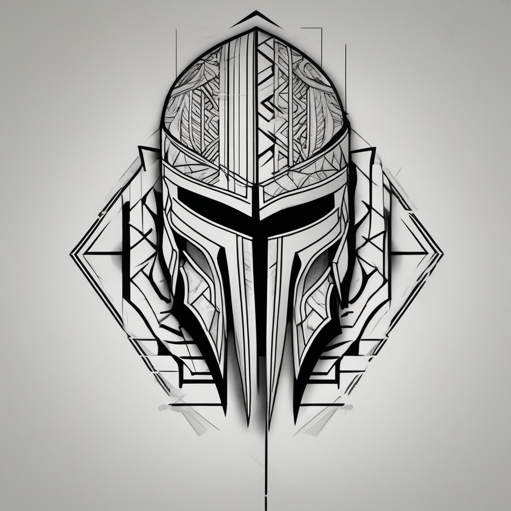 Spartan helmet forearm sleeve, black and white, masculine, aggressive looking, busy flow male-sleeve, design de tatouage Géométrique généré par IA