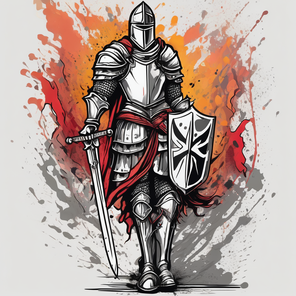A knight with a sword and shield after winning a battle for my forearm to finish my sleeve off male-sleeve, design de tatouage Aquarelle généré par IA