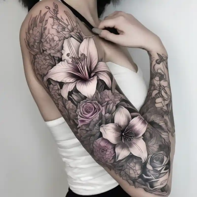 Calia Lily, rose, gadiolus, carnation,Narcissus,poppy, aster, violet,chrysanthemum, lily of the valley and water lily sleeve – モノクロ, カラフル