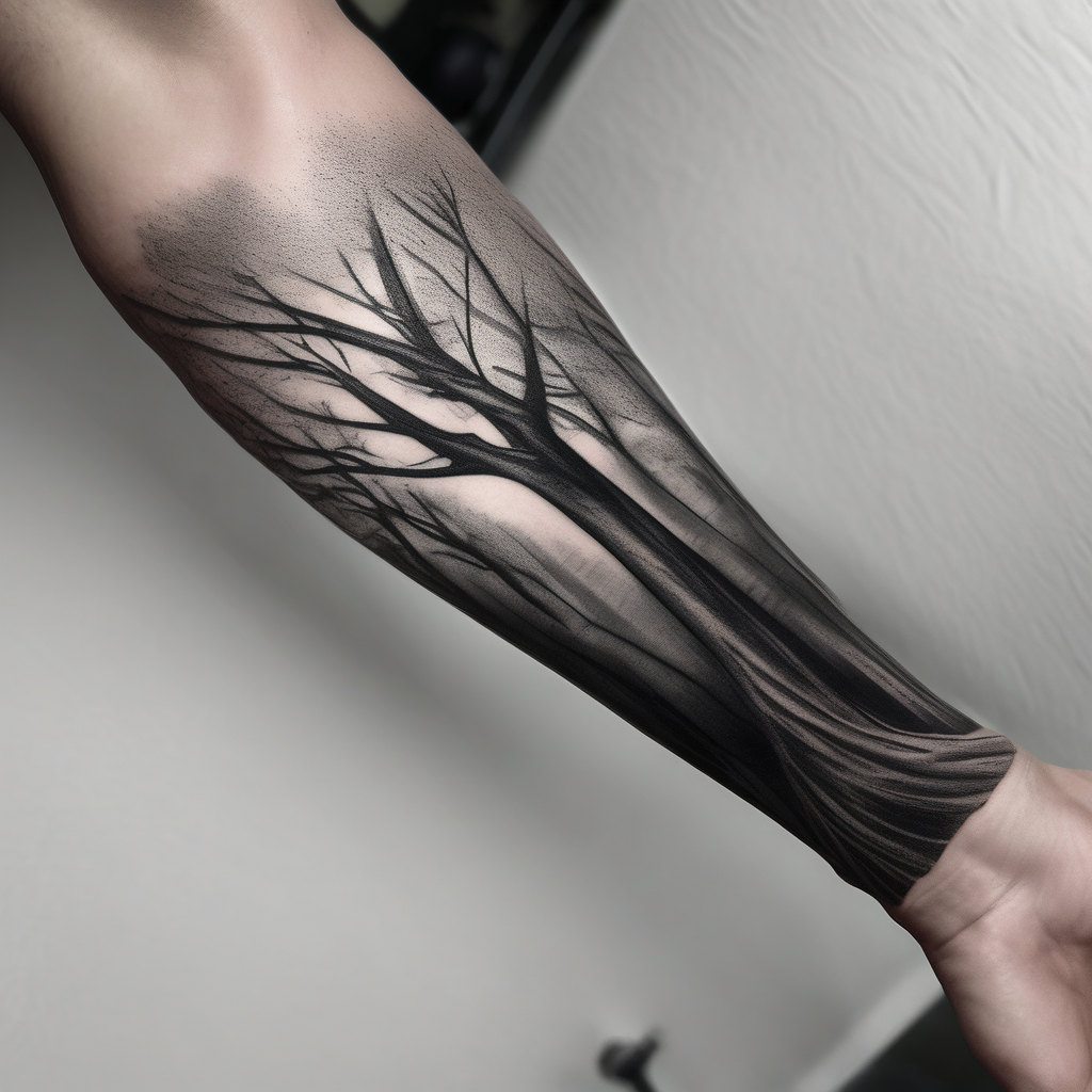 Full are sleeve that starts with trees on the forearm male-sleeve, design de tatouage Réaliste généré par IA