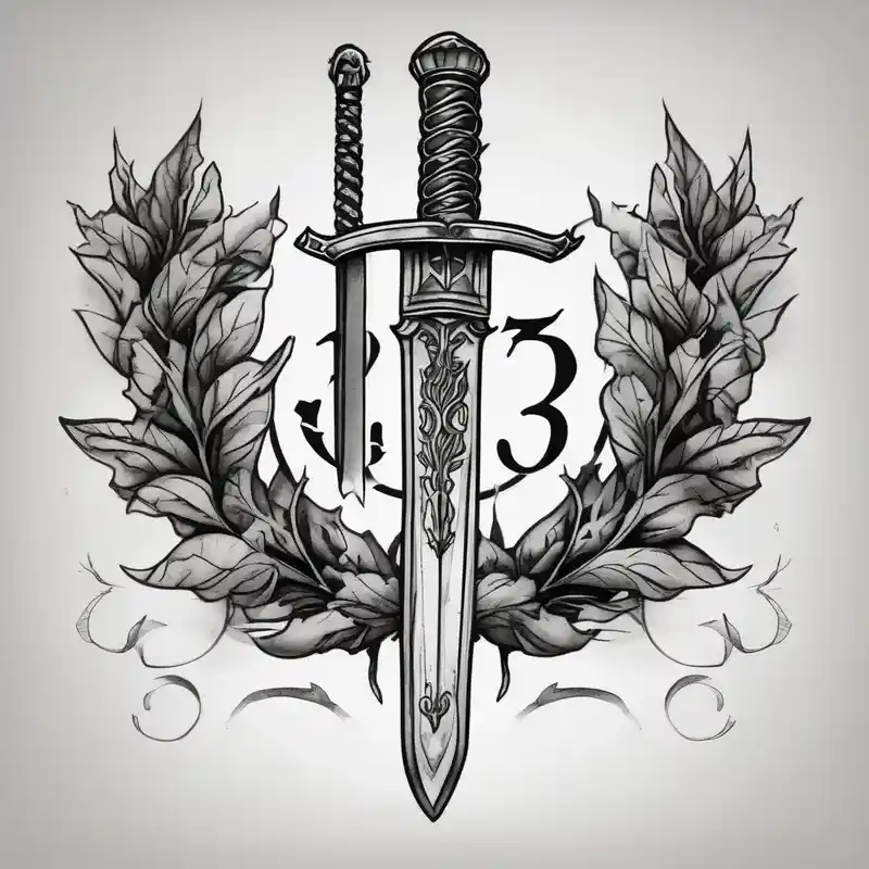 A sword and the number 13 in the middle of a laurel leaf wreath – Blackwork, Couleurs vives