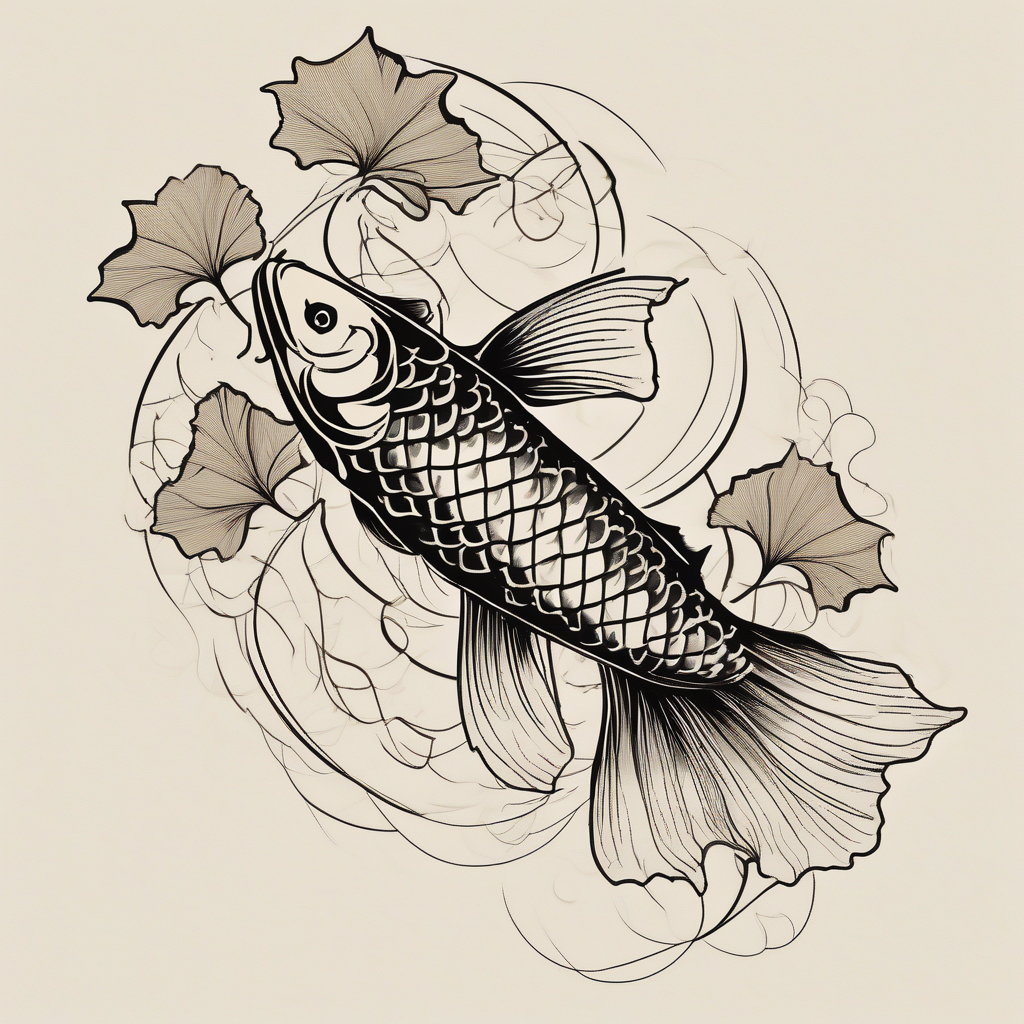 Koi fish, ginkgo leaf, minimalism style for tattoo, black and white ink sketch over textured paper maple-leaf, AI-generated Japanese tattoo design