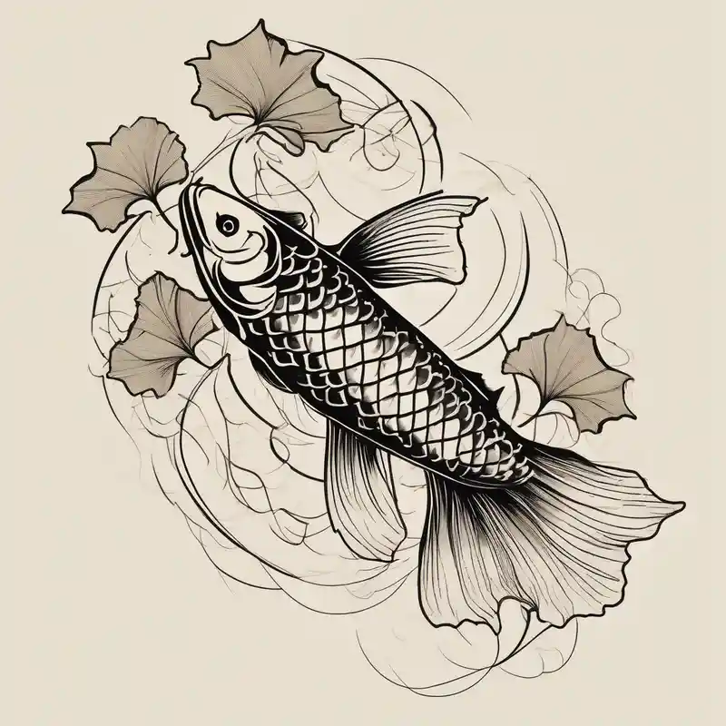 Koi fish, ginkgo leaf, minimalism style for tattoo, black and white ink sketch over textured paper