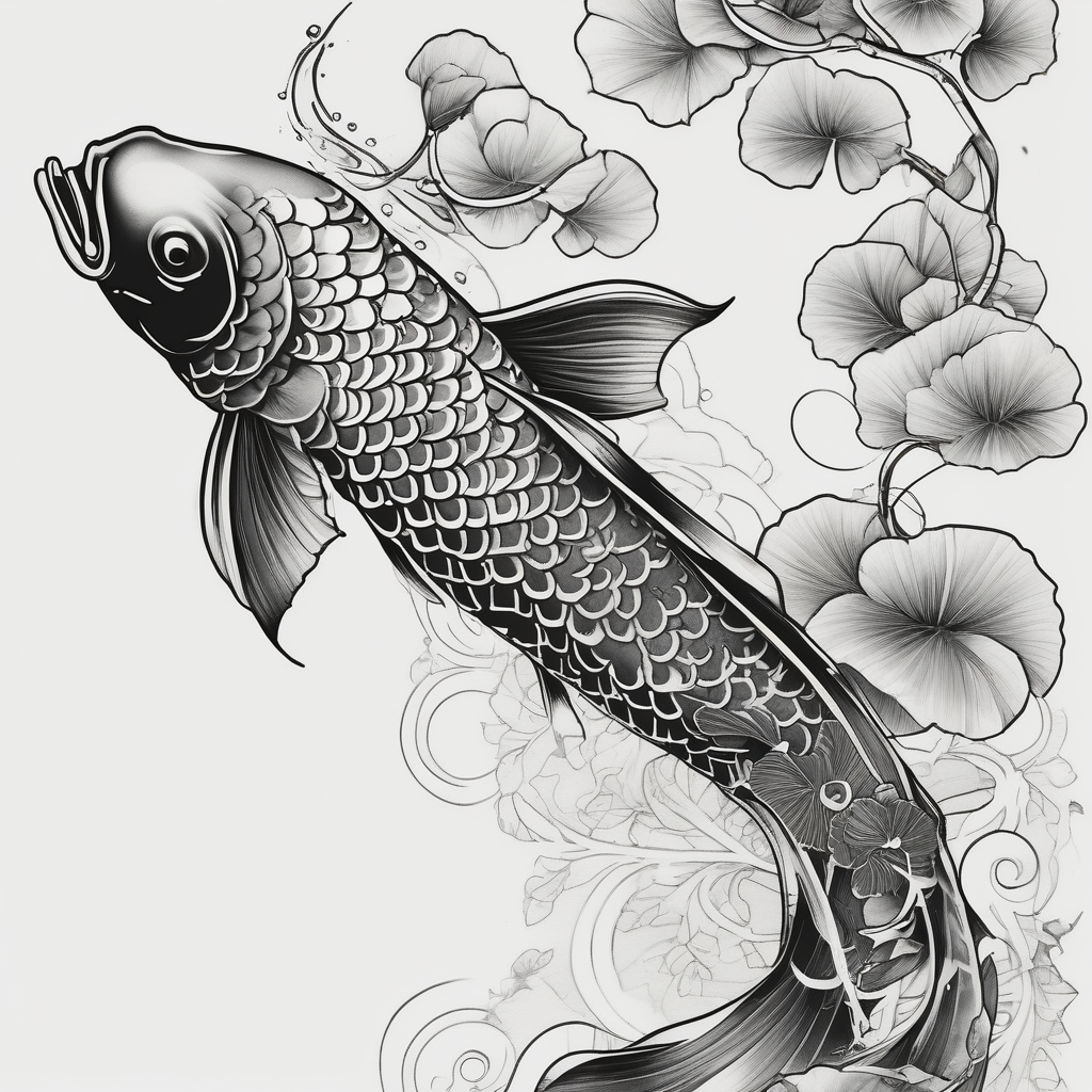 elegant Koi fish wit log tail and pearls, ginkgo leaf, white background maple-leaf, design de tatouage Blackwork généré par IA