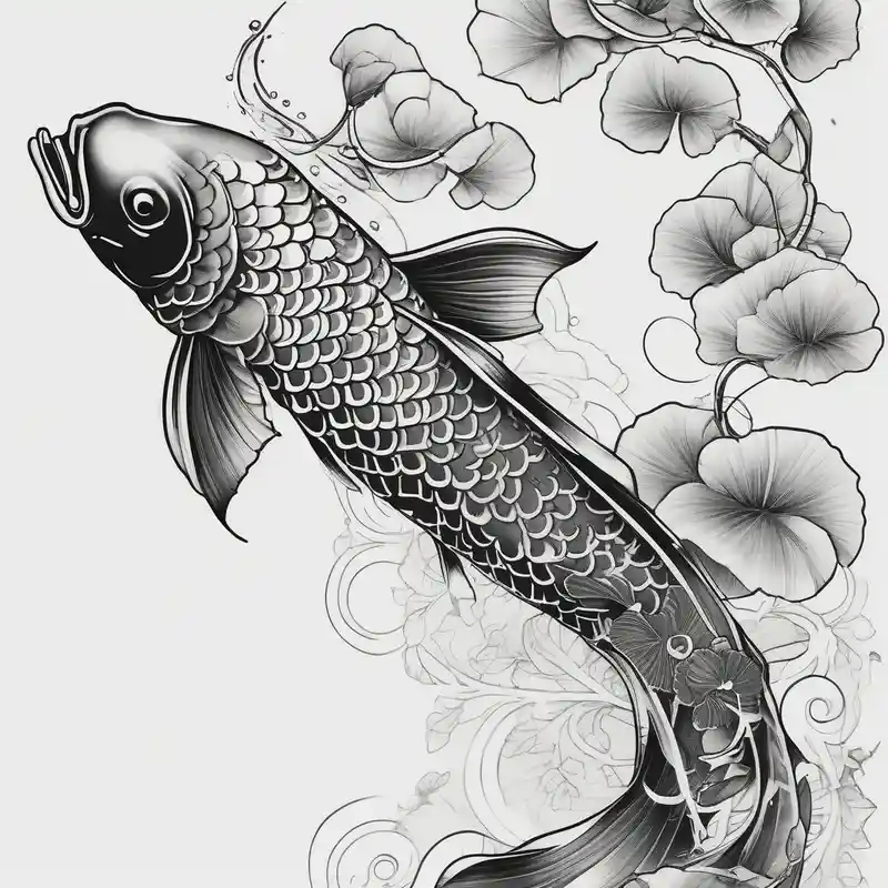 elegant Koi fish wit log tail and pearls, ginkgo leaf, white background – Blackwork, Vibrant color