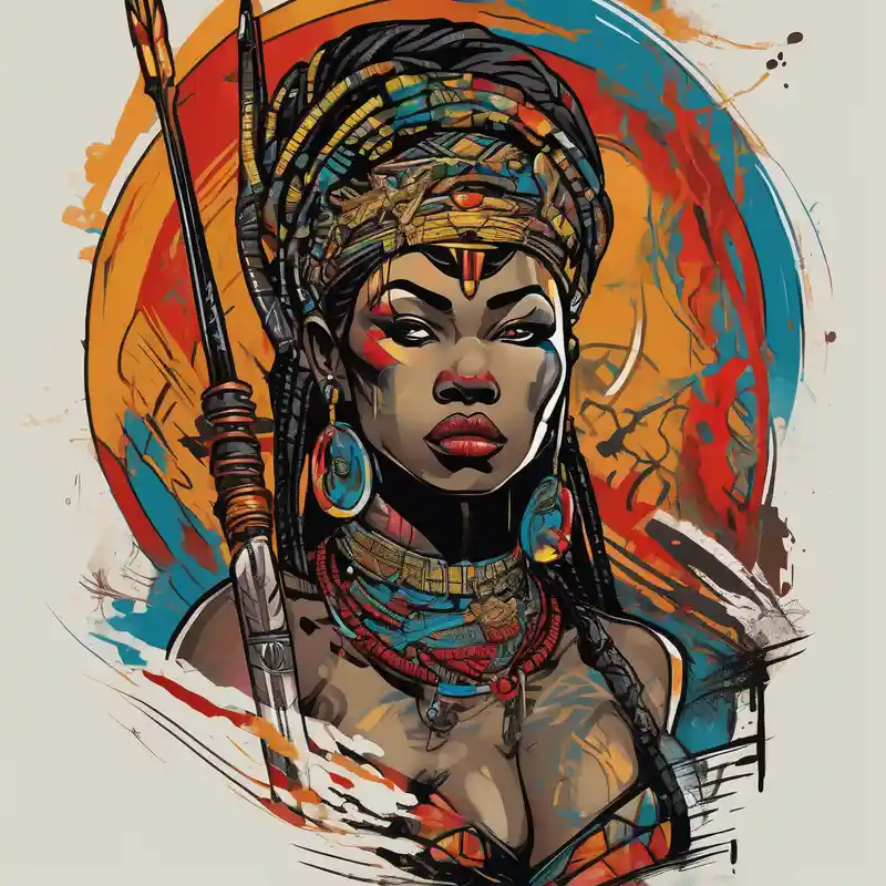 African woman warrior holding spear with deadlocks and earrings. With leafs, trees, birds and Elephants in the background – Japonais, Couleurs vives