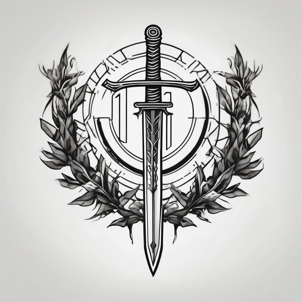 A sword and the number 13 in the middle of a laurel leaf wreath maple-leaf, AI-generated Geometric tattoo design