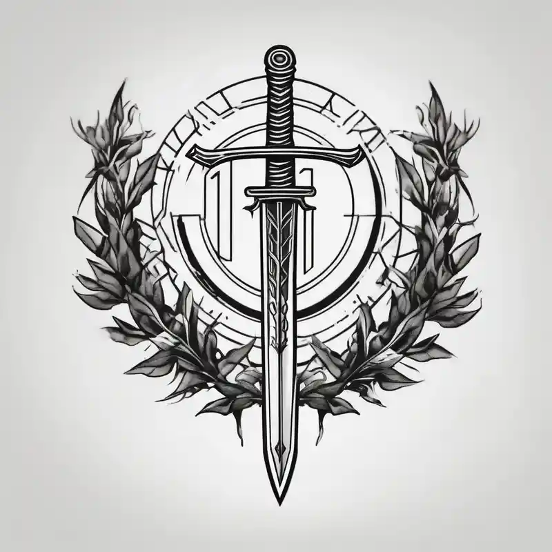 A sword and the number 13 in the middle of a laurel leaf wreath – Géométrique, Couleurs vives