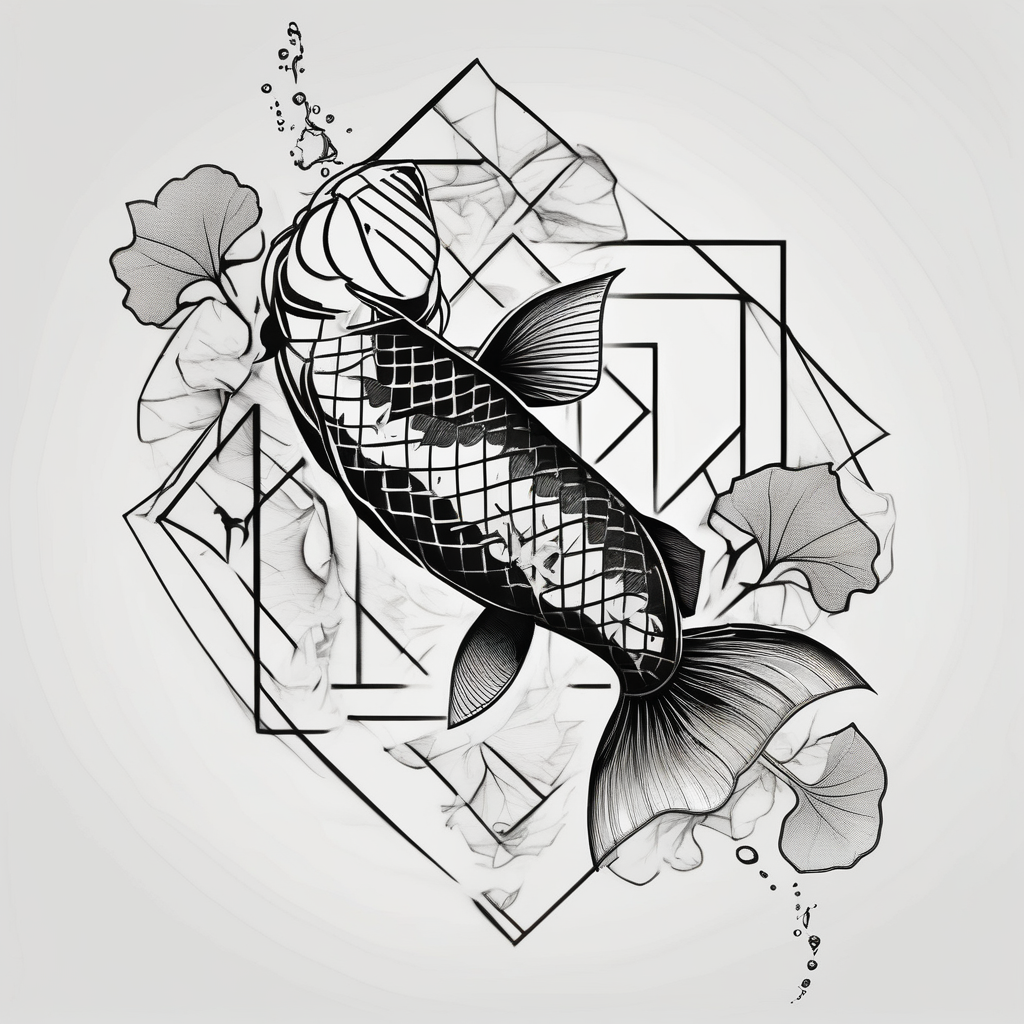 Koi fish, ginkgo leaf, minimalism style for tattoo, black and white ink sketch over textured paper maple-leaf, design de tatouage Géométrique généré par IA