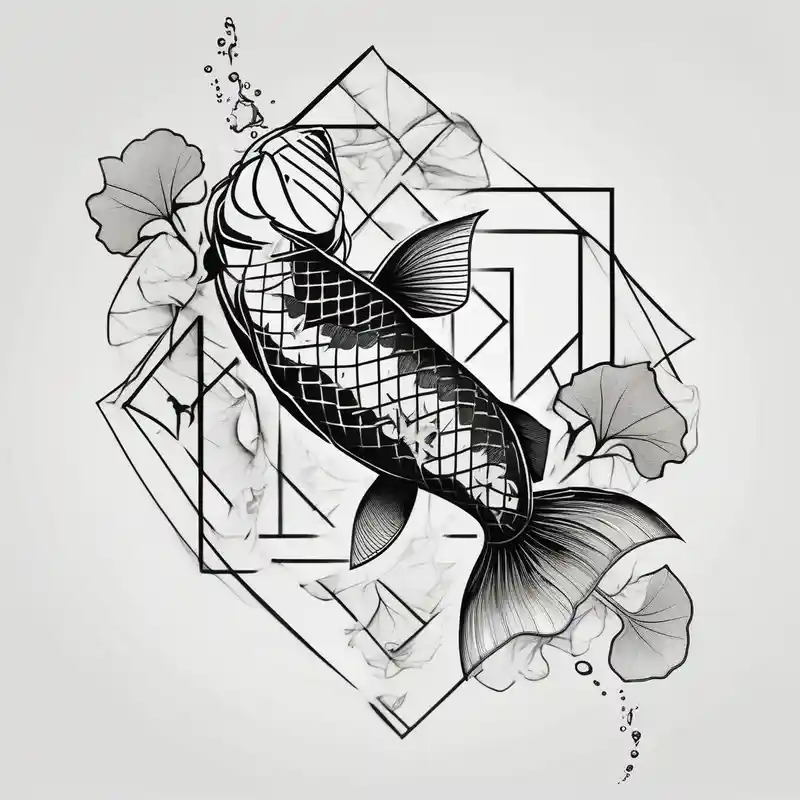 Koi fish, ginkgo leaf, minimalism style for tattoo, black and white ink sketch over textured paper – Geometric, Vibrant color
