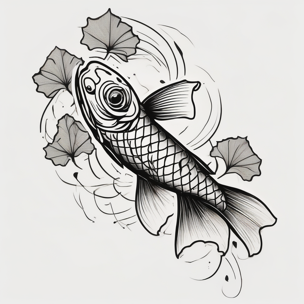 Koi fish, ginkgo leaf, minimalism style for tattoo, black and white ink sketch over textured paper maple-leaf, AI-generated Blackwork tattoo design
