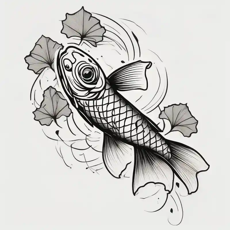 Koi fish, ginkgo leaf, minimalism style for tattoo, black and white ink sketch over textured paper – Blackwork, Vibrant color