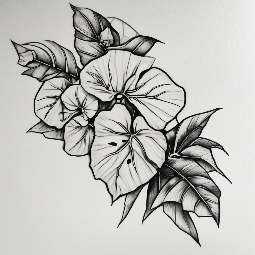 bamboo branch, monsteria leaf, bouganvillea maple-leaf, AI-generated Blackwork tattoo design