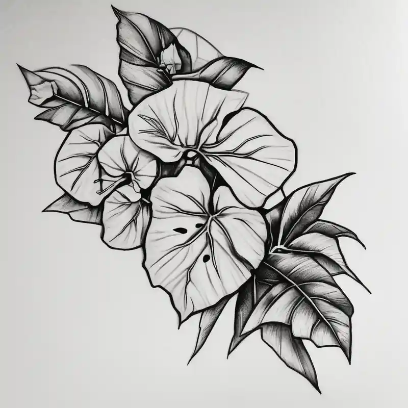 bamboo branch, monsteria leaf, bouganvillea