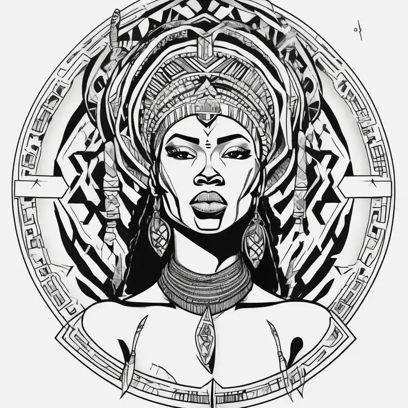 African woman warrior holding spear with deadlocks and earrings. With leafs, trees, birds and Elephants in the background