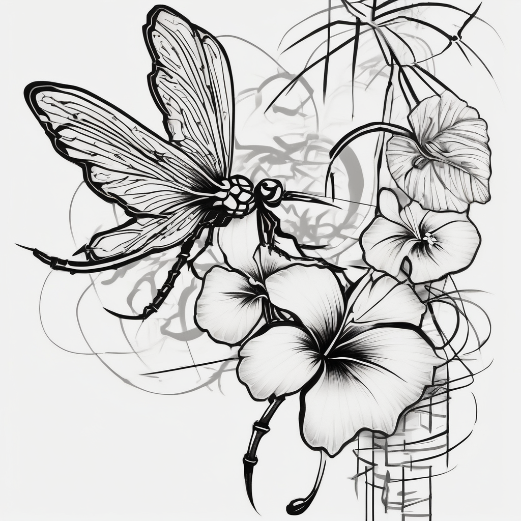 bamboo branch, monstera leaf, hibiscus flower, small barbed wire dragonfly maple-leaf, design de tatouage Japonais généré par IA