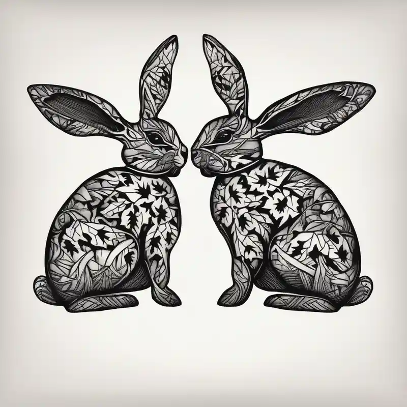 two bunnies, one smaller, one larger, with their backs, holding a maple leaf