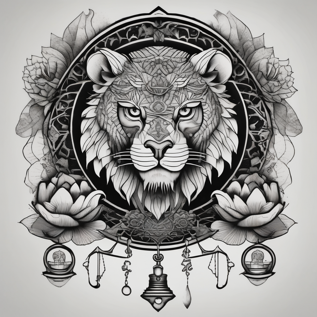 A lion, an owl, a set of balance scales, and a lotus leaf maple-leaf, AI-generated Blackwork tattoo design