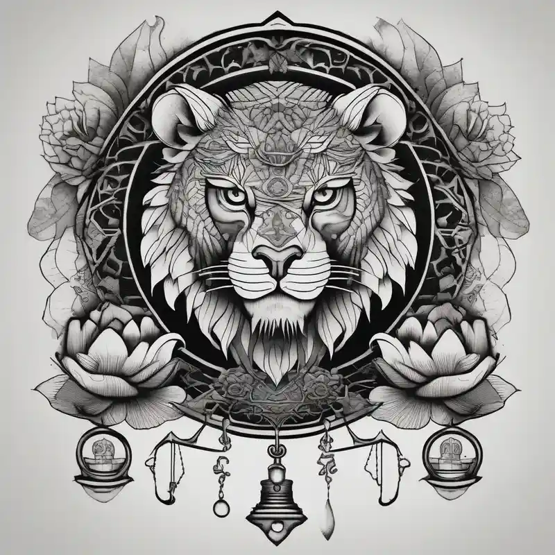 A lion, an owl, a set of balance scales, and a lotus leaf