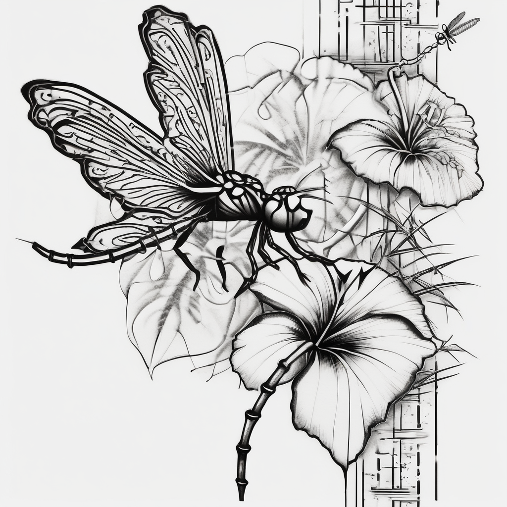 bamboo branch, monstera leaf, hibiscus flower, small barbed wire dragonfly maple-leaf, design de tatouage Blackwork généré par IA