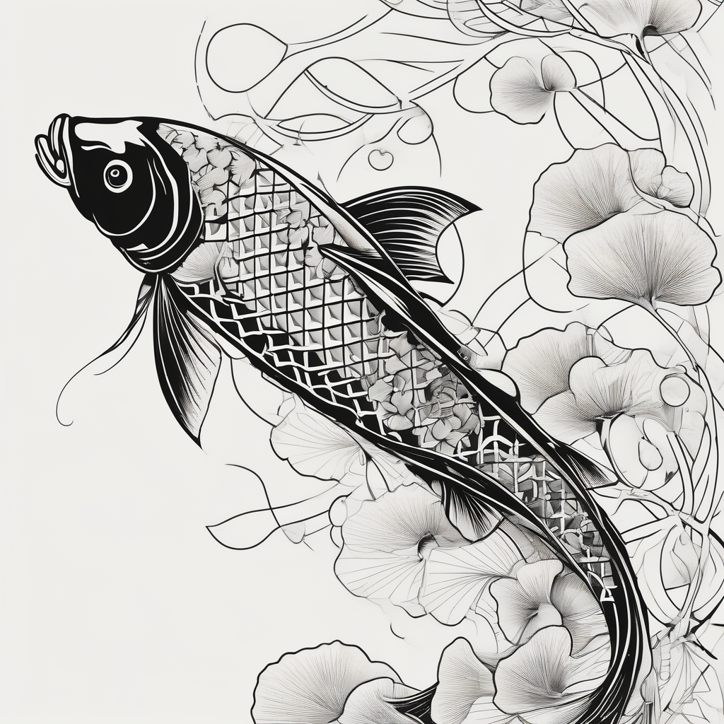 elegant Koi fish wit log tail and pearls, ginkgo leaf, white background maple-leaf, AI-generated Geometric tattoo design