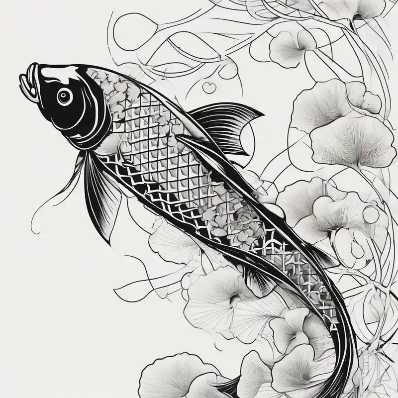 elegant Koi fish wit log tail and pearls, ginkgo leaf, white background