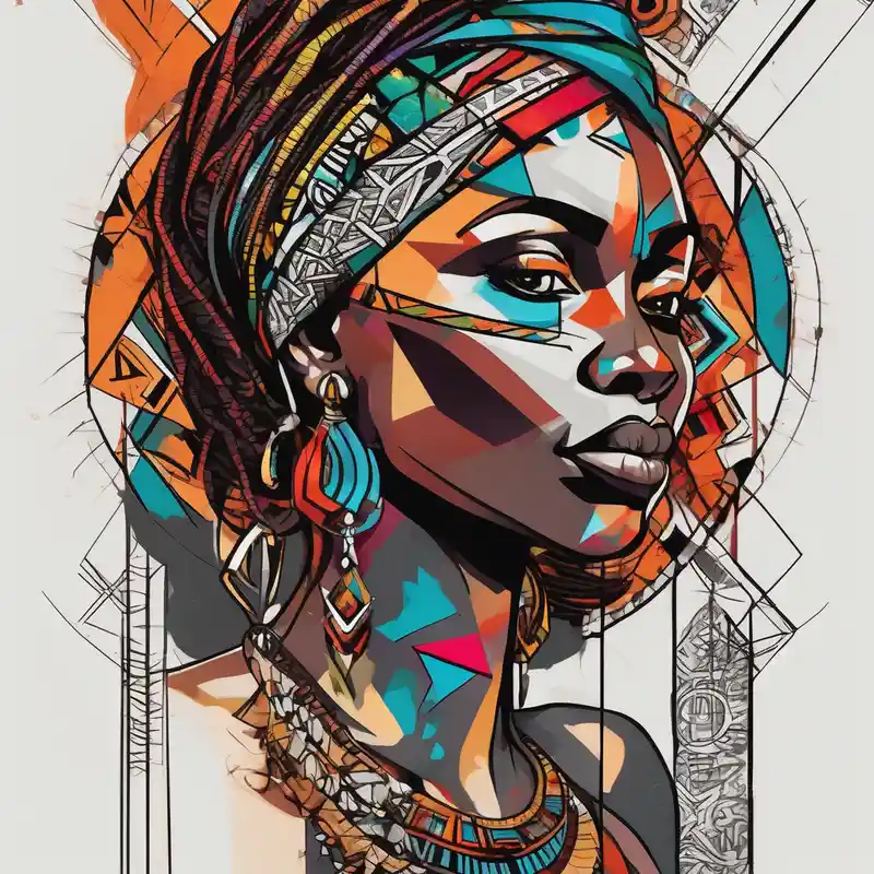 African woman warrior holding spear with deadlocks and earrings. With leafs and brids and Elephant in the background – Géométrique, Couleurs vives