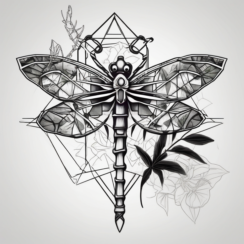 bamboo branch, monstera leaf, hibiscus flower, small barbed wire dragonfly maple-leaf, design de tatouage Géométrique généré par IA