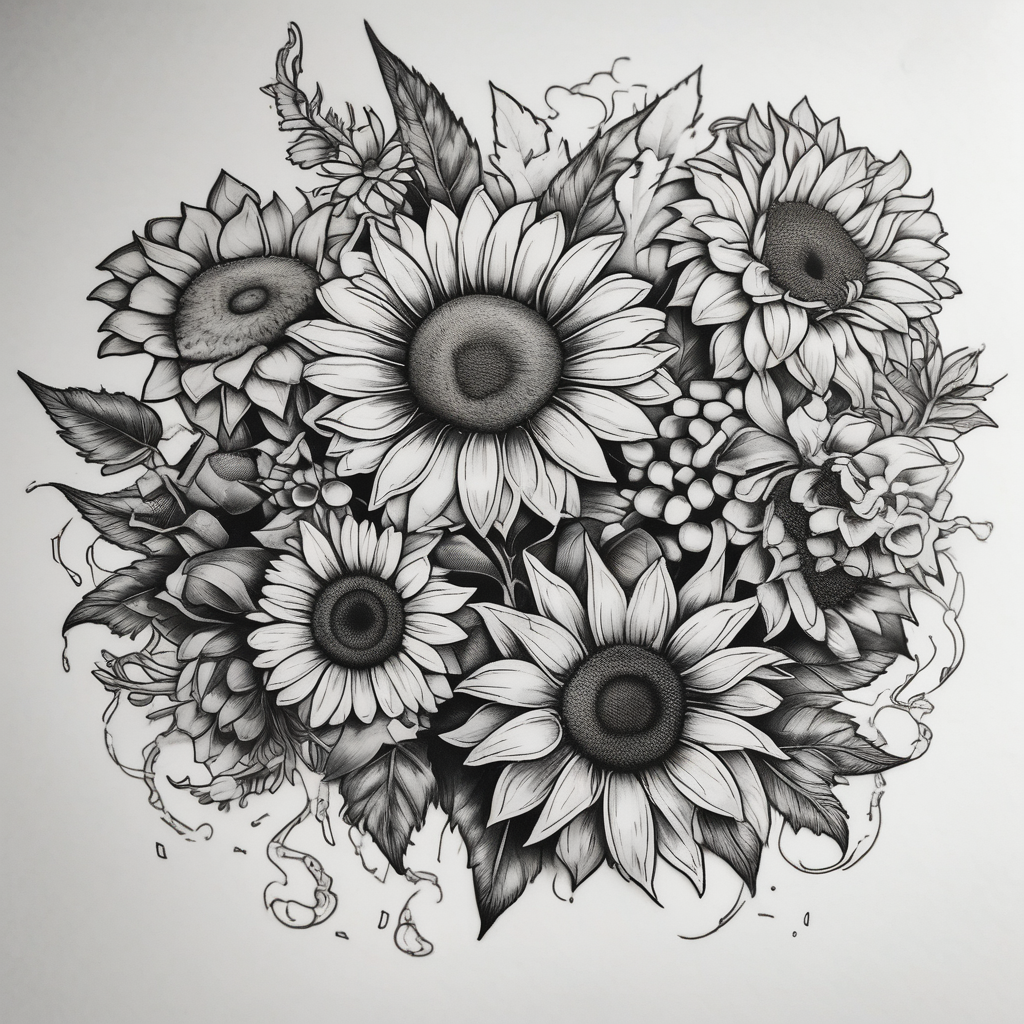 7 leaf pot leaf, daisies, and sunflowers bouquet maple-leaf, design de tatouage Blackwork généré par IA